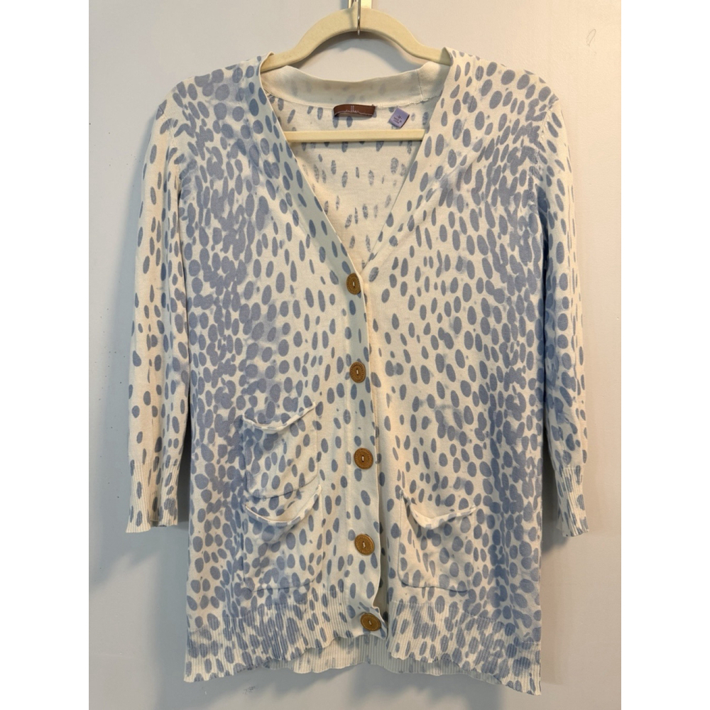 Cullen Women's Medium Cream & Blue Silk & Cotton Spotted Button Up Cardigan
